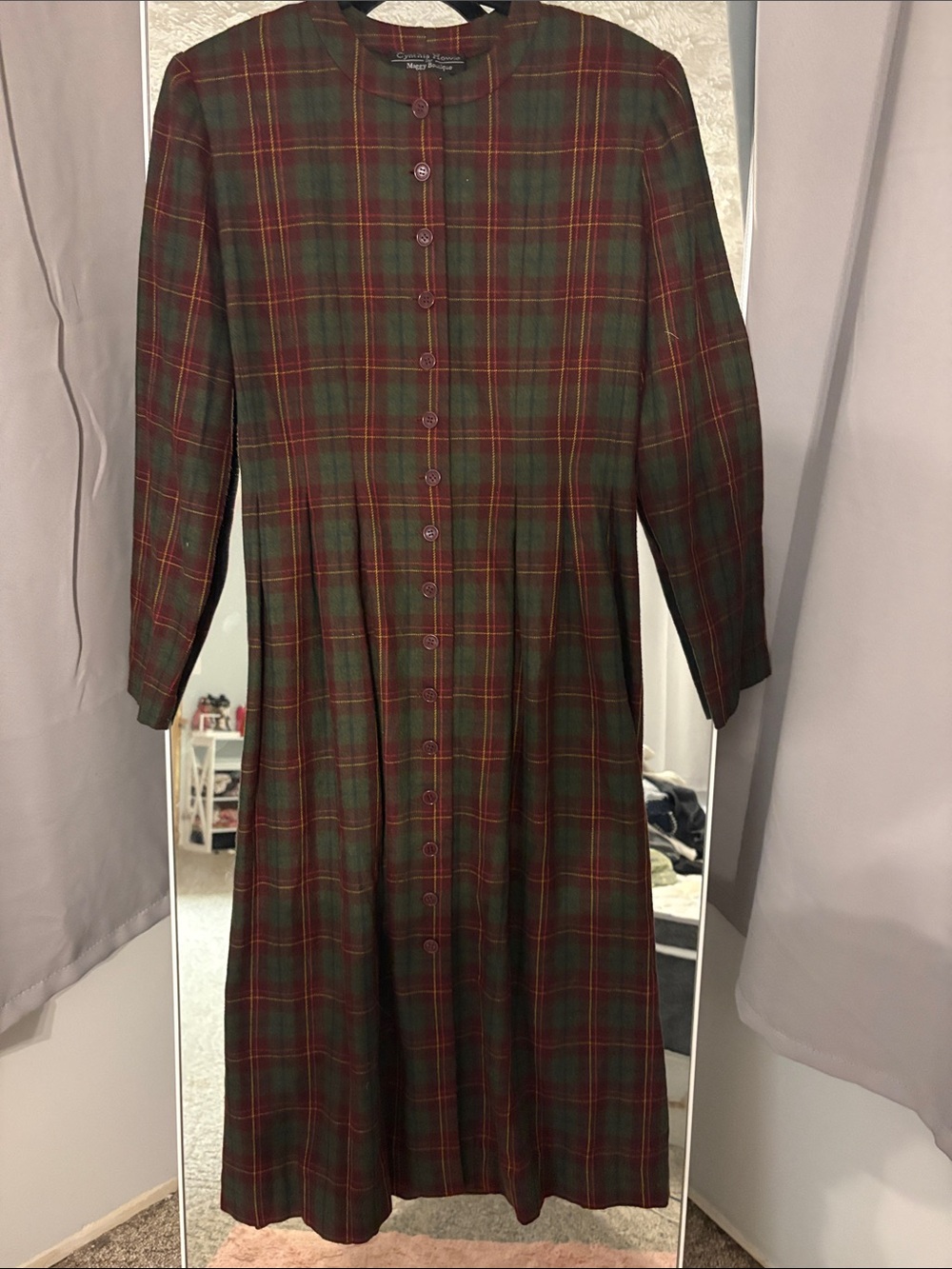 Plaid Midi Button-Front Dress in Green and Red